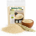 Quinoa albă BIO 250g — boabe albe și spice de plantă quinoa proaspătă, prezentare lifestyle, Biovicta