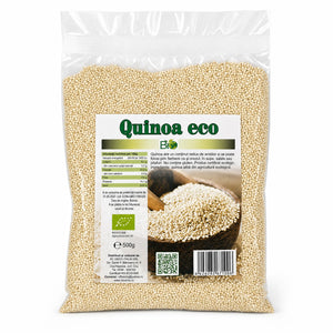 Quinoa albă BIO 500g — pungă transparentă cu boabe albe, eticheta completă, origine Peru, Biovicta