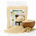 Quinoa albă BIO 500g — boabe albe și spice de plantă quinoa proaspătă, prezentare lifestyle, Biovicta