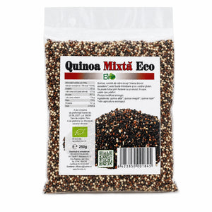 Quinoa mixtă BIO 250g — pungă transparentă cu boabe tricolore, eticheta completă, origine Peru, Biovicta