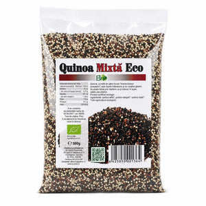 Quinoa mixtă BIO 500g — pungă transparentă cu boabe tricolore (alb, roșu, negru), eticheta completă, origine Peru, Biovicta