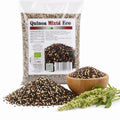 Quinoa mixtă BIO 500g — boabe tricolore și spice de plantă quinoa, prezentare lifestyle, Biovicta
