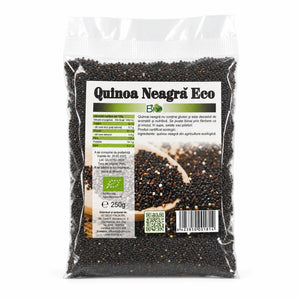 Quinoa neagră BIO 250g — pungă transparentă cu boabe negre, eticheta completă, origine Peru, Biovicta