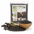 Quinoa neagră BIO 250g — boabe negre și spice de plantă quinoa proaspătă, prezentare lifestyle, Biovicta