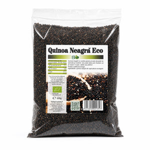 Quinoa neagră BIO 500g — pungă transparentă cu boabe negre, eticheta completă, origine Peru, Biovicta