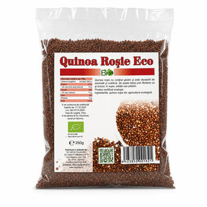 Quinoa roșie BIO 250g — pungă transparentă cu boabe roșii, eticheta completă, origine Peru, Biovicta