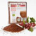 Quinoa roșie BIO 250g — boabe roșii și plantă quinoa proaspătă, prezentare lifestyle, Biovicta