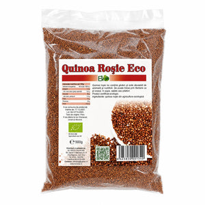 Quinoa roșie BIO 500g — pungă transparentă cu boabe roșii, eticheta completă, origine Peru, Biovicta