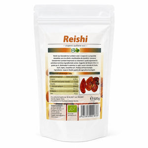 Reishi pudră BIO Ganoderma lucidum 100g — pungă albă doypack stand-up zip-lock, eticheta completă, superaliment ecologic, Biovicta