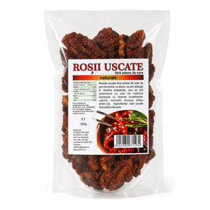 Roșii uscate fără sare 200g — pungă transparentă stand-up cu roșii uscate, eticheta completă, origine Bulgaria, Biovicta