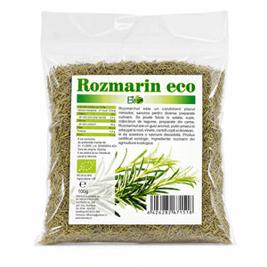 Rozmarin BIO 100g — pungă transparentă cu ace de rozmarin uscate, eticheta completă, condiment ecologic Spania, Biovicta