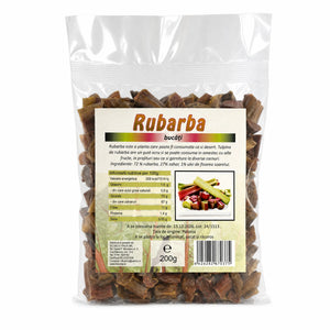 Rubarbă bucăți zaharisită 200g — pungă transparentă cu bucăți uscate, eticheta completă, origine Polonia, Biovicta