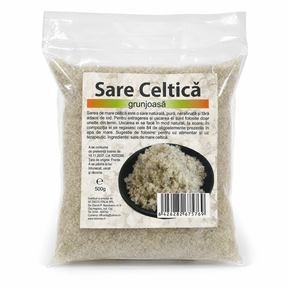 Sare Celtică grunjoasă 500g — cristale mari alb-gri perlate nerafinate din salinele Guérande Bretania, ideale cruste sare cuptor grătar conservare, fără iod adăugat