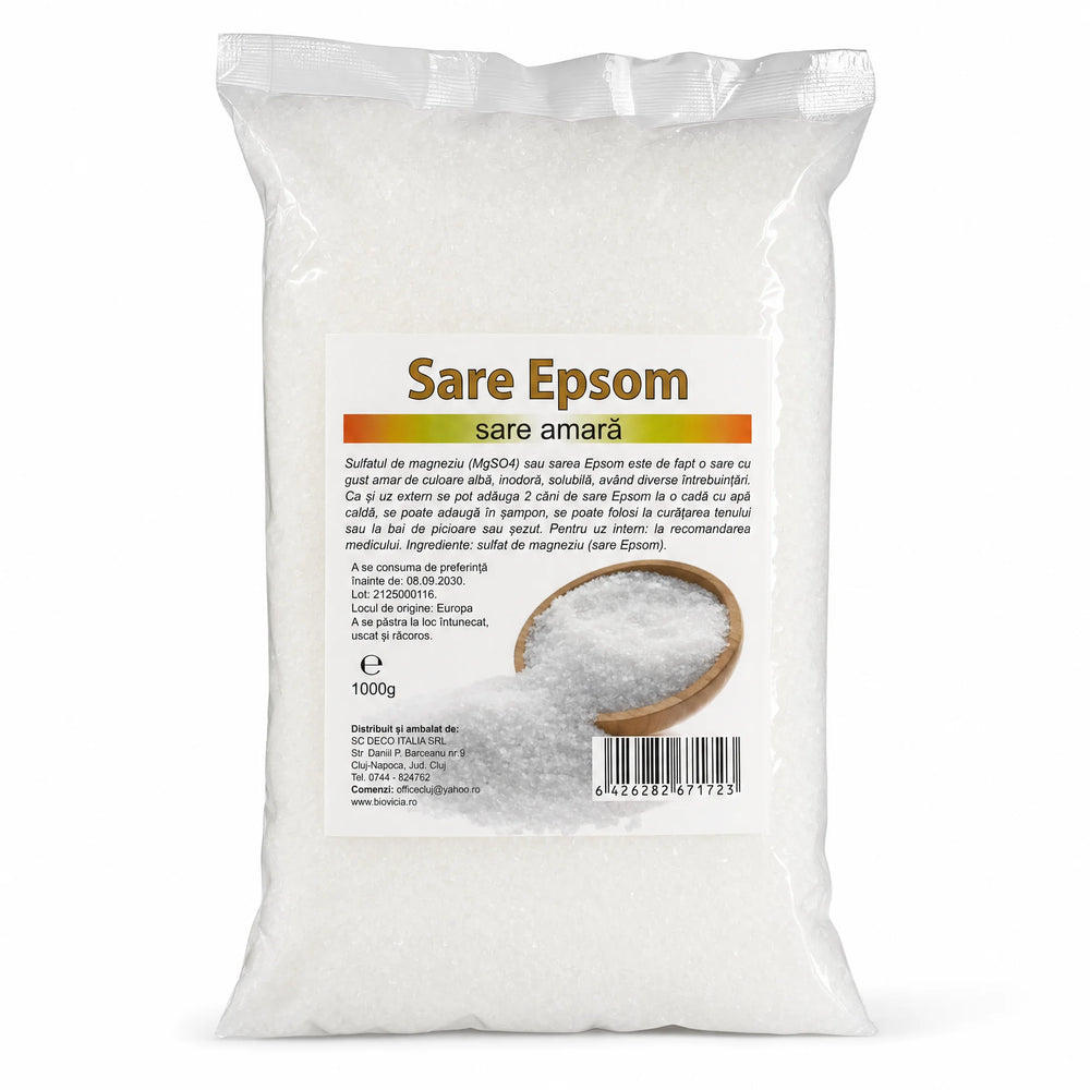Sare Epsom (sare amară) 1kg — sulfat de magneziu MgSO4 pur 100%, cristale albe solubile pentru băi cadă, băi picioare relaxante, fertilizator natural plante conifere tuia trandafiri