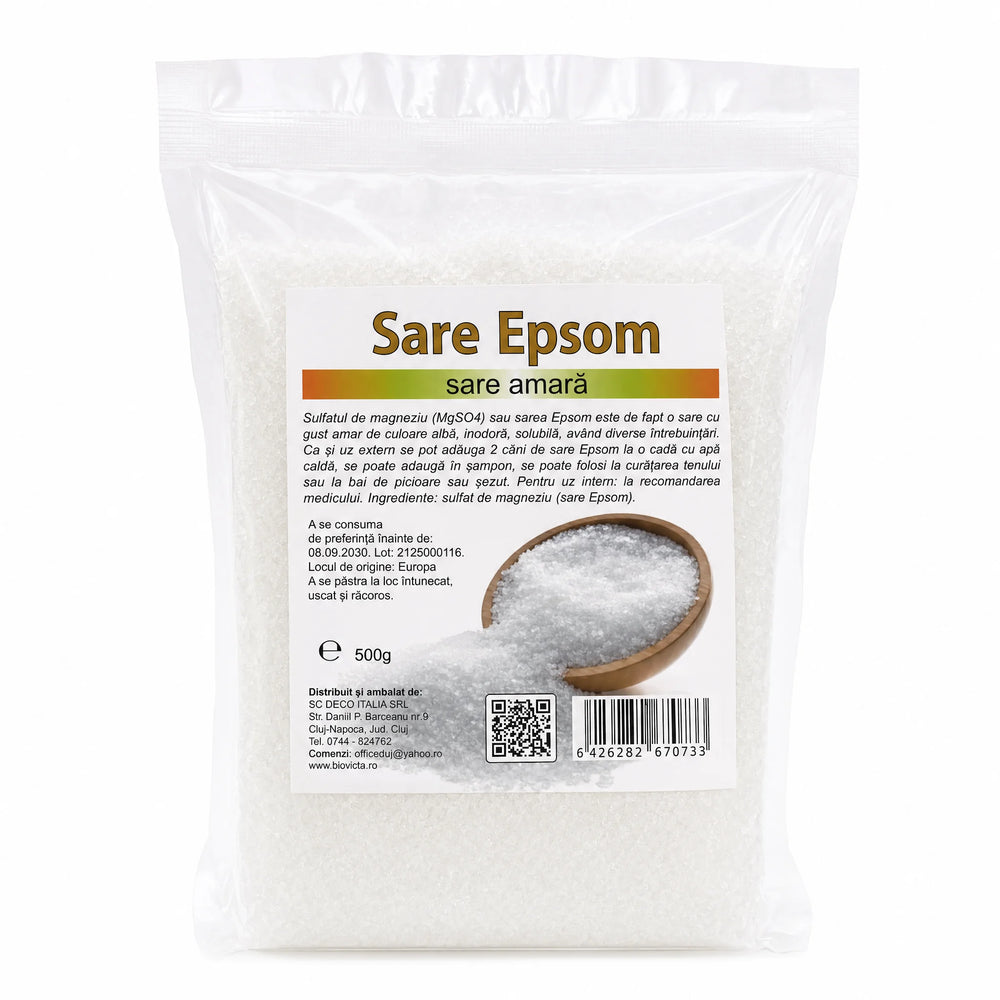 Sare Epsom (sare amară) 500g — sulfat de magneziu MgSO4 pur 100%, cristale albe solubile pentru băi cadă, băi picioare relaxante, fertilizator natural plante conifere tuia trandafiri