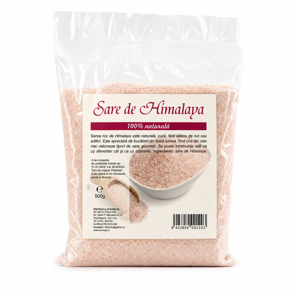 Sare Himalaya fină 500g — pungă transparentă cu sare roz, eticheta completă, 100% naturală Pakistan, Biovicta