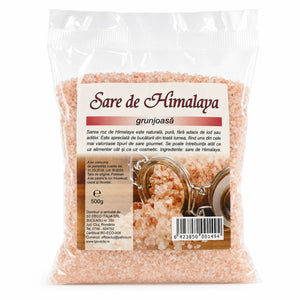 Sare Himalaya grunjoasă 500g — pungă transparentă cu sare roz coarse, eticheta completă, 100% naturală Pakistan, Biovicta