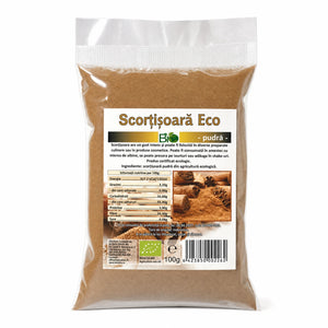 Scorțișoară Cassia pudră BIO 100g — pungă transparentă sealed cu pudră scorțișoară, eticheta completă, origine Indonezia, Biovicta
