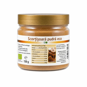 Scorțișoară Cassia pudră BIO 130g — borcan plastic transparent cu capac auriu, eticheta completă, origine Indonezia, Biovicta