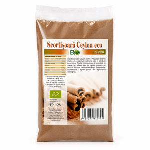 Scortisoara Ceylon pudra BIO 100g - Cinnamomum verum (true cinnamon), pudra fina aroma delicata, cumarina redusa, certificat ecologic RO-ECO-008, pentru testare initiala
