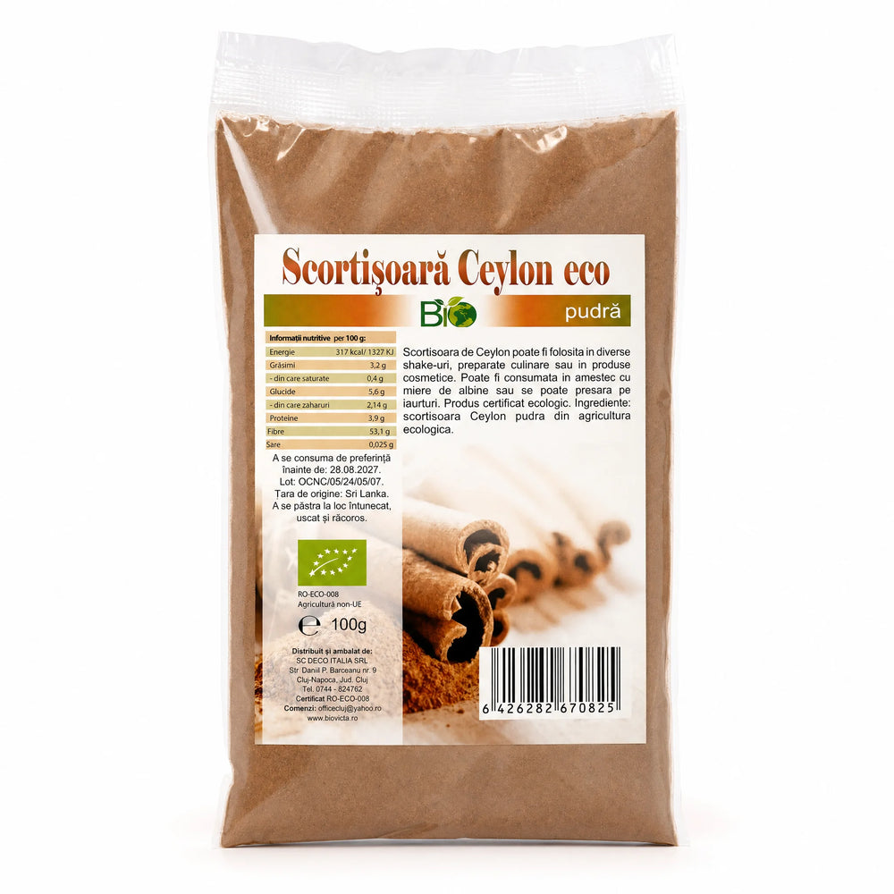 Scortisoara Ceylon pudra BIO 100g - Cinnamomum verum (true cinnamon), pudra fina aroma delicata, cumarina redusa, certificat ecologic RO-ECO-008, pentru testare initiala