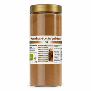 Scorțișoară Ceylon pudră BIO 120g — borcan transparent cu pudră, eticheta completă, origine Sri Lanka, Biovicta