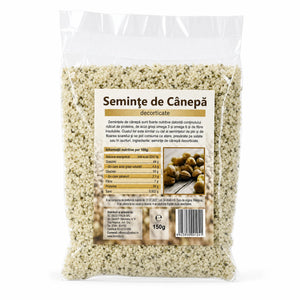 Semințe de cânepă decorticate 150g — pungă transparentă cu semințe cânepă, eticheta completă, origine România, Biovicta