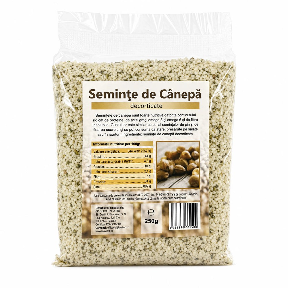 Semințe de cânepă decorticate 250g — pungă transparentă cu semințe cânepă, eticheta completă, origine România, Biovicta