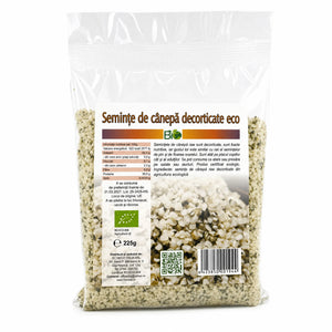 Semințe de cânepă decorticate BIO 225g — pungă transparentă cu semințe cânepă, eticheta completă, agricultură UE, Biovicta