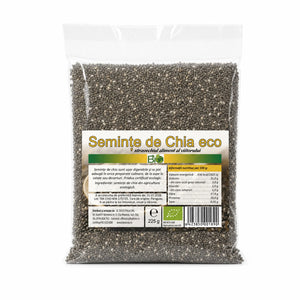 Semințe de chia BIO 225g — pungă transparentă cu semințe negre, eticheta completă, origine Paraguay, Biovicta