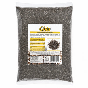 Semințe de chia RAW 1Kg — pungă mare transparentă cu semințe negre, eticheta completă, origine Argentina, Biovicta