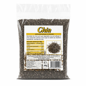 Semințe de chia RAW 200g — pungă transparentă cu semințe negre, eticheta completă, origine Argentina, Biovicta