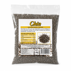 Semințe de chia RAW 500g — pungă transparentă cu semințe negre, eticheta completă, origine Argentina, Biovicta