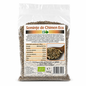 Semințe de chimen BIO 100g — pungă transparentă cu semințe chimen, eticheta completă, origine Lituania, Biovicta