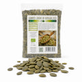 Seminte de dovleac decorticate, RAW BIO 250g — produs și sursa naturală (seminte de dovleac), prezentare lifestyle, Biovicta
