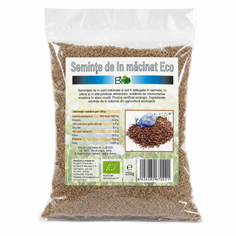 Semințe de in măcinate BIO 250g — pungă transparentă cu pudră de in, eticheta completă, origine Turcia, Biovicta