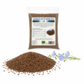 Semințe de in maro BIO, 250g, semințe de in maro și tulpini de in cu flori albastre, prezentare lifestyle, Biovicta
