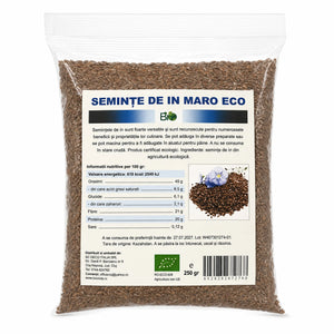 Semințe de in maro BIO, 250g, pungă transparentă cu semințe de in maro întregi și eticheta completă, Biovicta