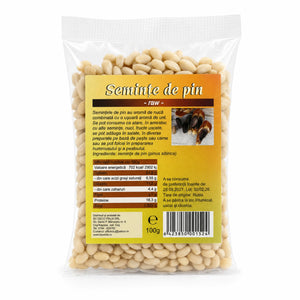 Semințe de pin RAW 100g — pungă transparentă cu semințe pin, eticheta completă, origine Rusia, Biovicta