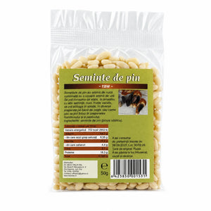 Semințe de pin RAW 50g — pungă mică transparentă cu semințe pin, eticheta completă, origine Rusia, Biovicta
