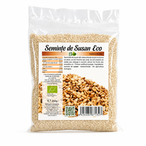 Semințe de susan nedecorticate BIO 250g — pungă transparentă cu semințe susan, eticheta completă, origine Uganda, Biovicta