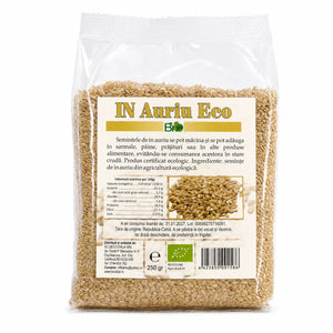 Semințe de in auriu BIO 250g - Linum usitatissimum varietate aurie, profil delicat, omega-3 ALA, fibre solubile, lignani, certificat ecologic