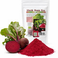 Sfeclă roșie pudră BIO 200g — pudră sfeclă și sfeclă proaspătă întreagă cu felie, prezentare lifestyle, Biovicta