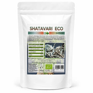 Shatavari pudră BIO 250g — pungă albă stand-up zip-lock, eticheta completă, origine India, Biovicta