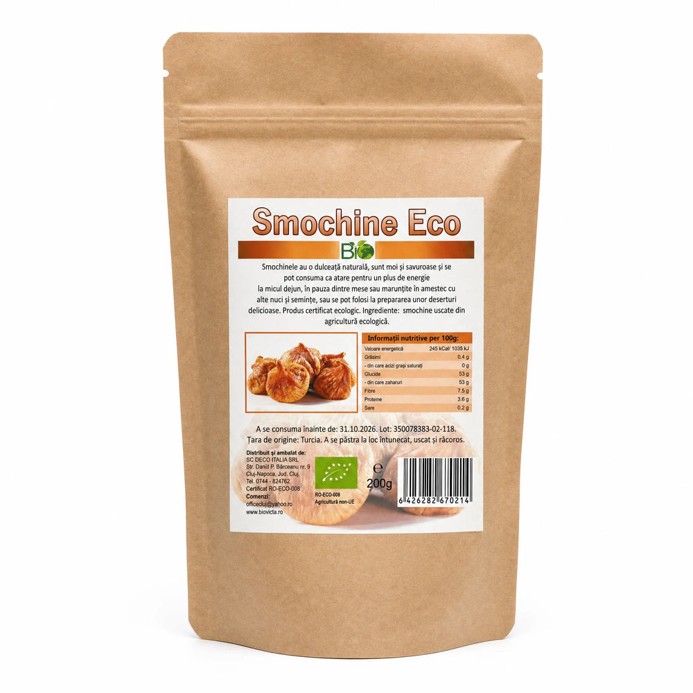 Smochine uscate BIO 200g — pungă kraft brown stand-up, eticheta completă, origine Turcia, Biovicta