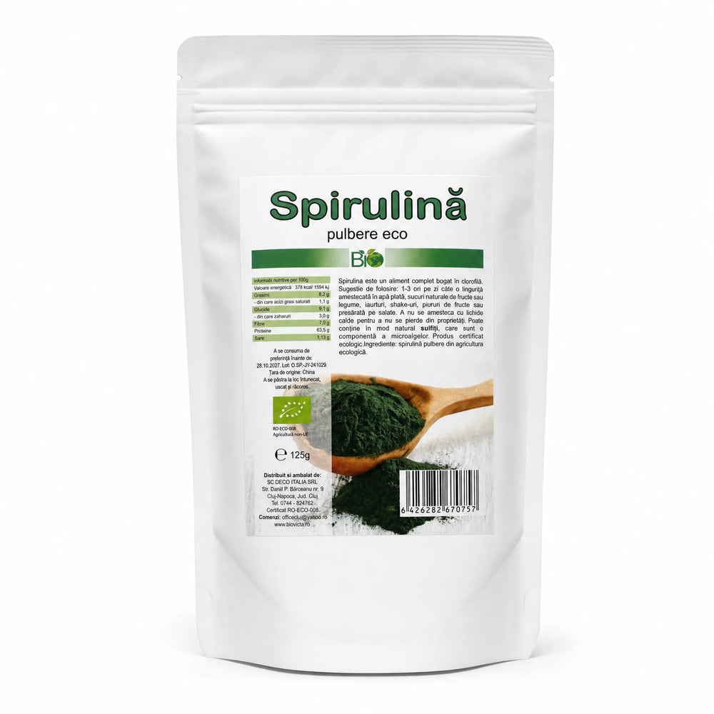 Spirulina pudră BIO 125g — doypack alb opac stand-up cu eticheta completă, superaliment alge, Biovicta