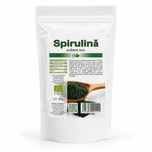 Spirulina pulbere BIO 250g — pungă albă doypack stand-up zip-lock cu pudră, eticheta completă, superaliment ecologic, Biovicta