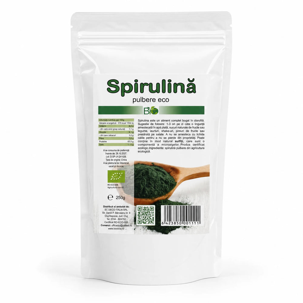 Spirulina pulbere BIO 250g — pungă albă doypack stand-up zip-lock cu pudră, eticheta completă, superaliment ecologic, Biovicta
