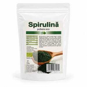 Spirulina pulbere, BIO 500g — doypack alb opac stand-up cu eticheta completă, pudră Arthrospira platensis, Biovicta