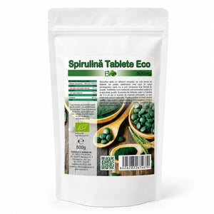 Spirulina tablete BIO 500mg, 1000 buc (500g) — doypack alb opac stand-up cu eticheta completă, tablete Arthrospira platensis, Biovicta